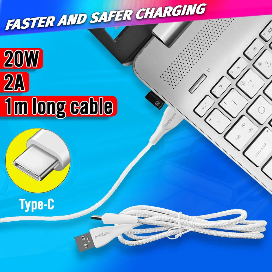 20W/2A Fast Charging Unbreakable Nylon Braided Type-C Cable, 1m Long Cable for Smartphone (White)