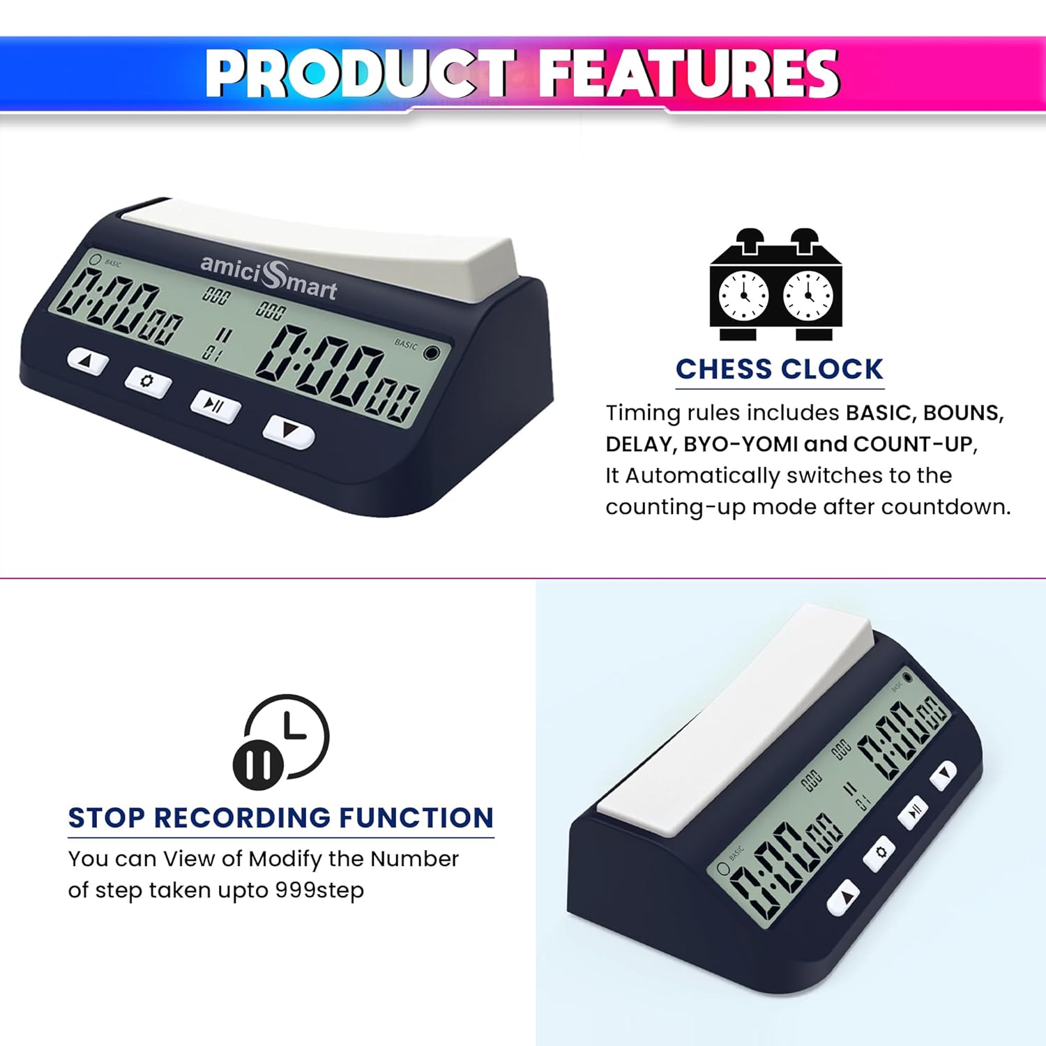 Professional Chess Clock Timer with 5 Modes: Basic, Bonus, DELAY, BYO-YOMI, Count-UP amiciKart c0tmiz-hs.myshopify.com