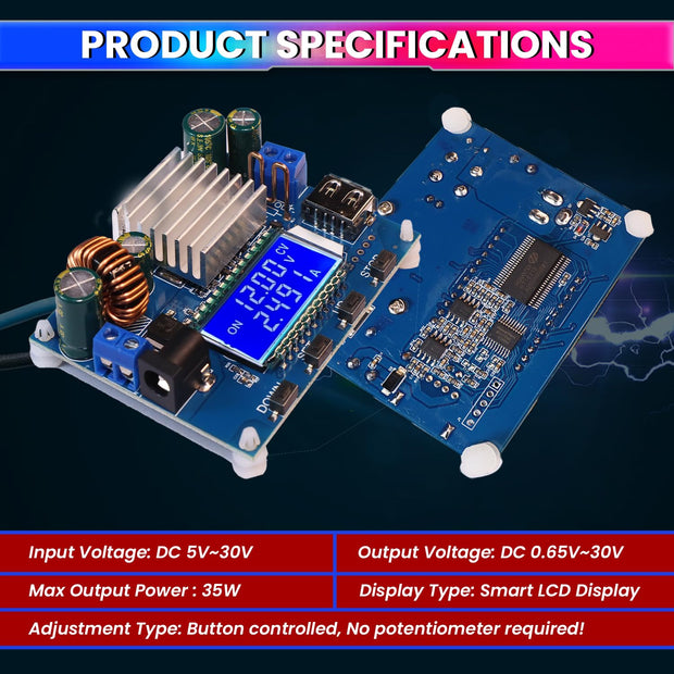 Buck-Boost Converter Module | DC 5.5–30V to 0.5–30V Adjustable | 3A 35W Step Up/Down Power Supply with Display