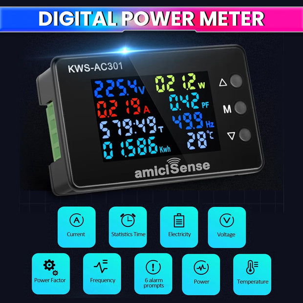 amiciSense 8 in 1 Digital Energy Meter, 50~300VAC 100A Power Monitoring Device with Colorful Display and 6 Buzzer Alarm (22kW)