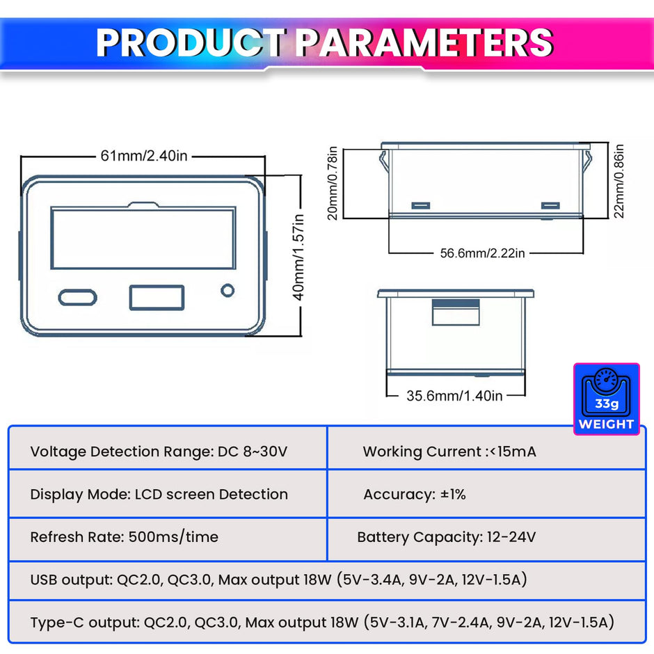 8–30V Battery Capacity Meter with USB/Type-C for 12V/24V LiFePO4 & Lead-Acid – Car/Bike Use