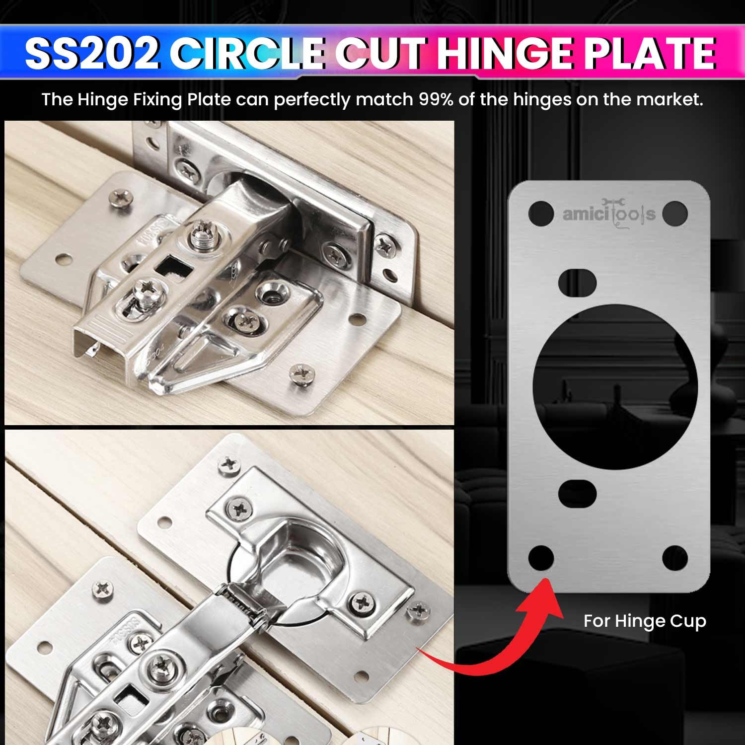 Hinge Repair Plate|Stainless Steel (SS202) Door Hinges|Fix Loose Cabinet Hinges|8 Pcs of Hinge Cup Repair Plate with Screws amiciKart