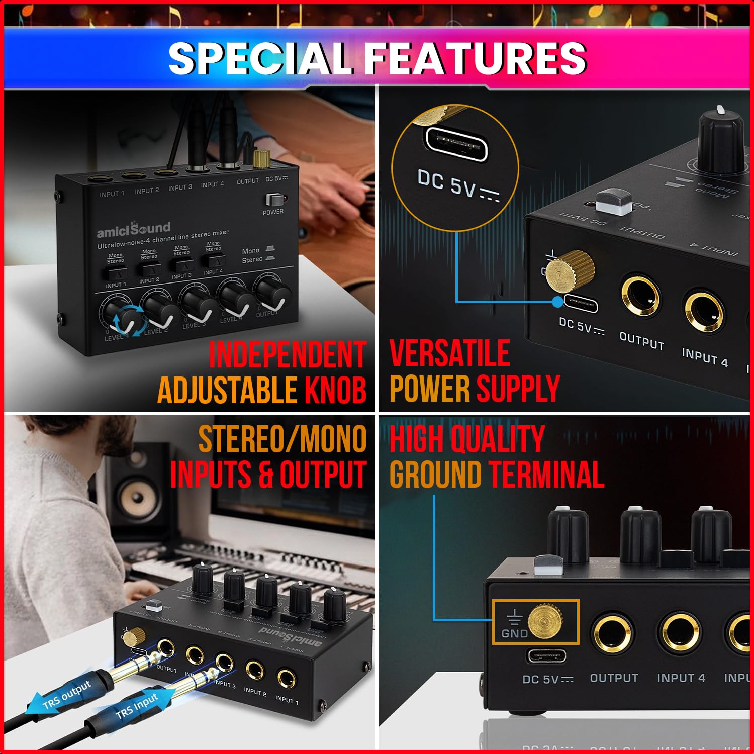 Mini Audio Mixer–Ultra Low-Noise 4-Channel Stereo Line Mixer| Independent Volume Control amiciKart