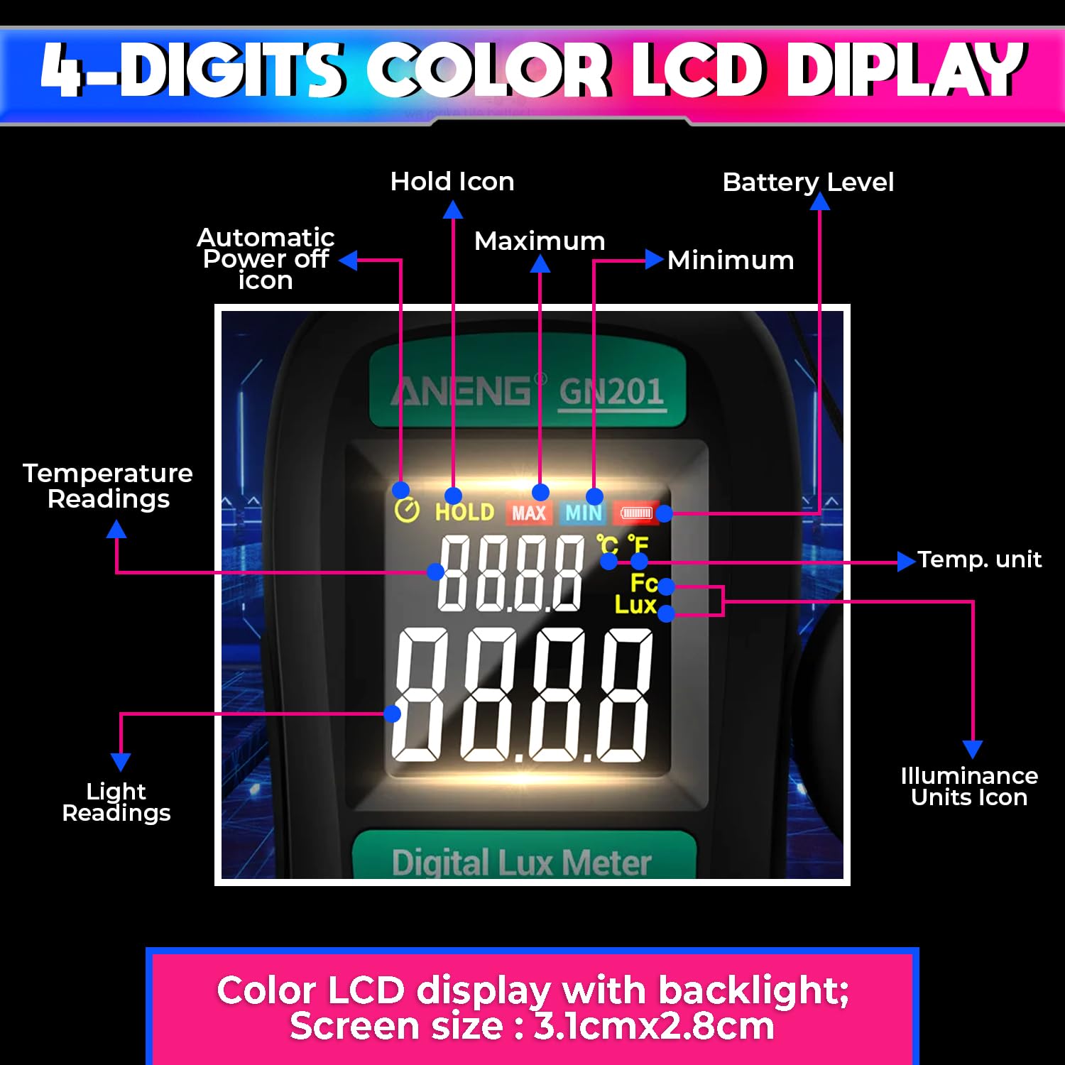 Digital Luxmeter, 200K Lux Photometer with 0.5sec Response Time with 4-Digit Digital Display