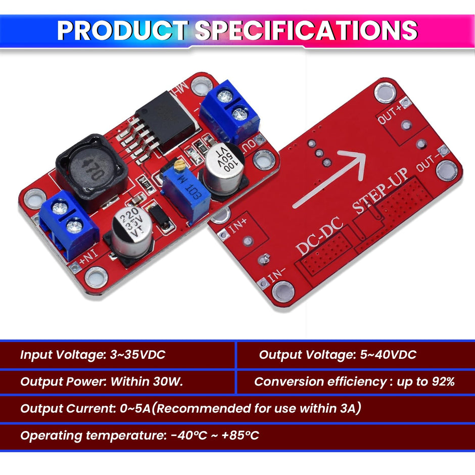 amiciSolar DC-DC Boost, XL6019 Adjustable Step-Up Power Supply Module, Input 3V-35V, Output 5V-40V up to 5A