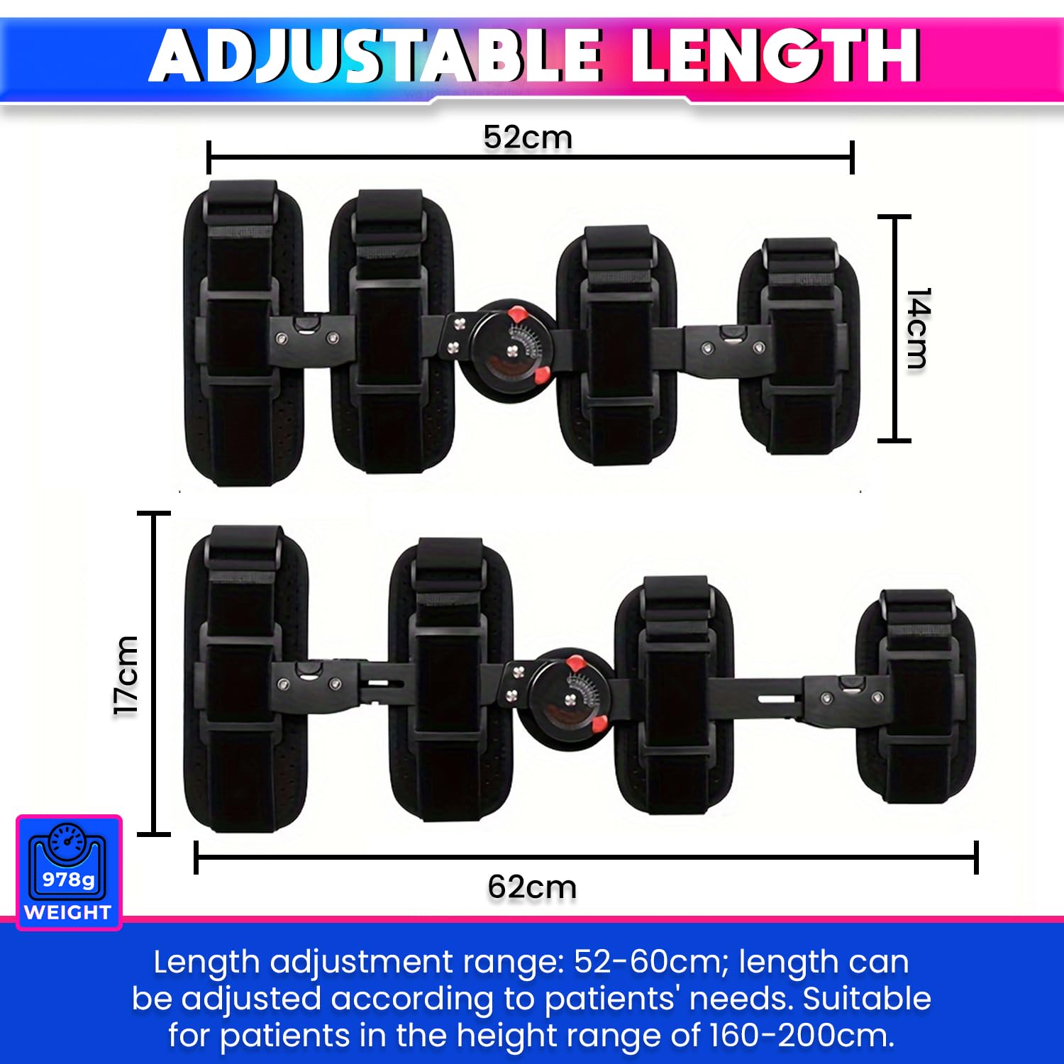 Premium Knee Support Brace- Post OP Splints Adjustable Length for Enhanced Comfort/Mobility