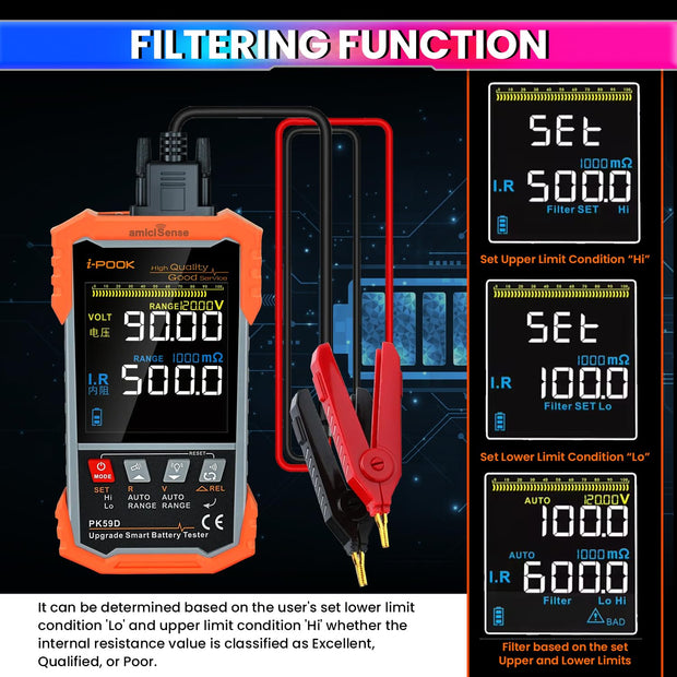 Battery Internal Resistance Tester with Auto/Manual Detection & Kelvin 4-Terminal Sensing