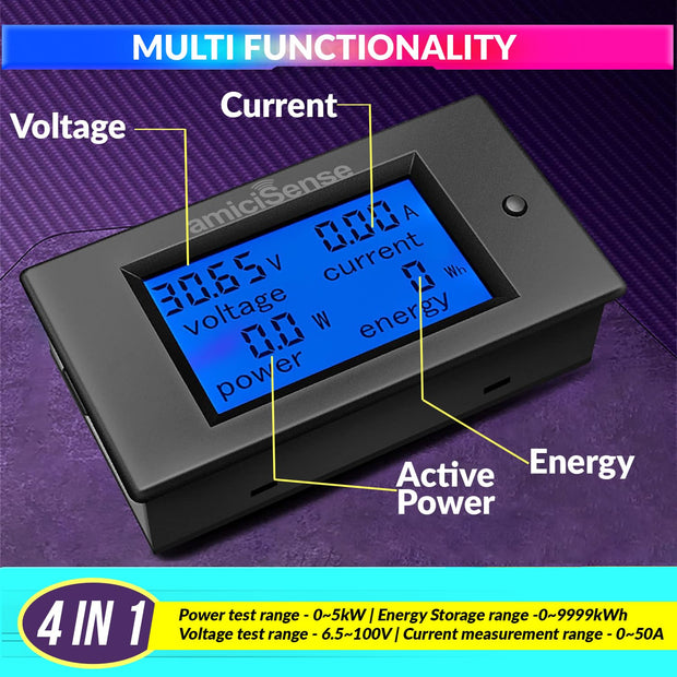 amiciSense DC Energy Meter 4 in 1, 6.5V-100V 50A (5kW) Power Meter Digital Display with Blue Back Light