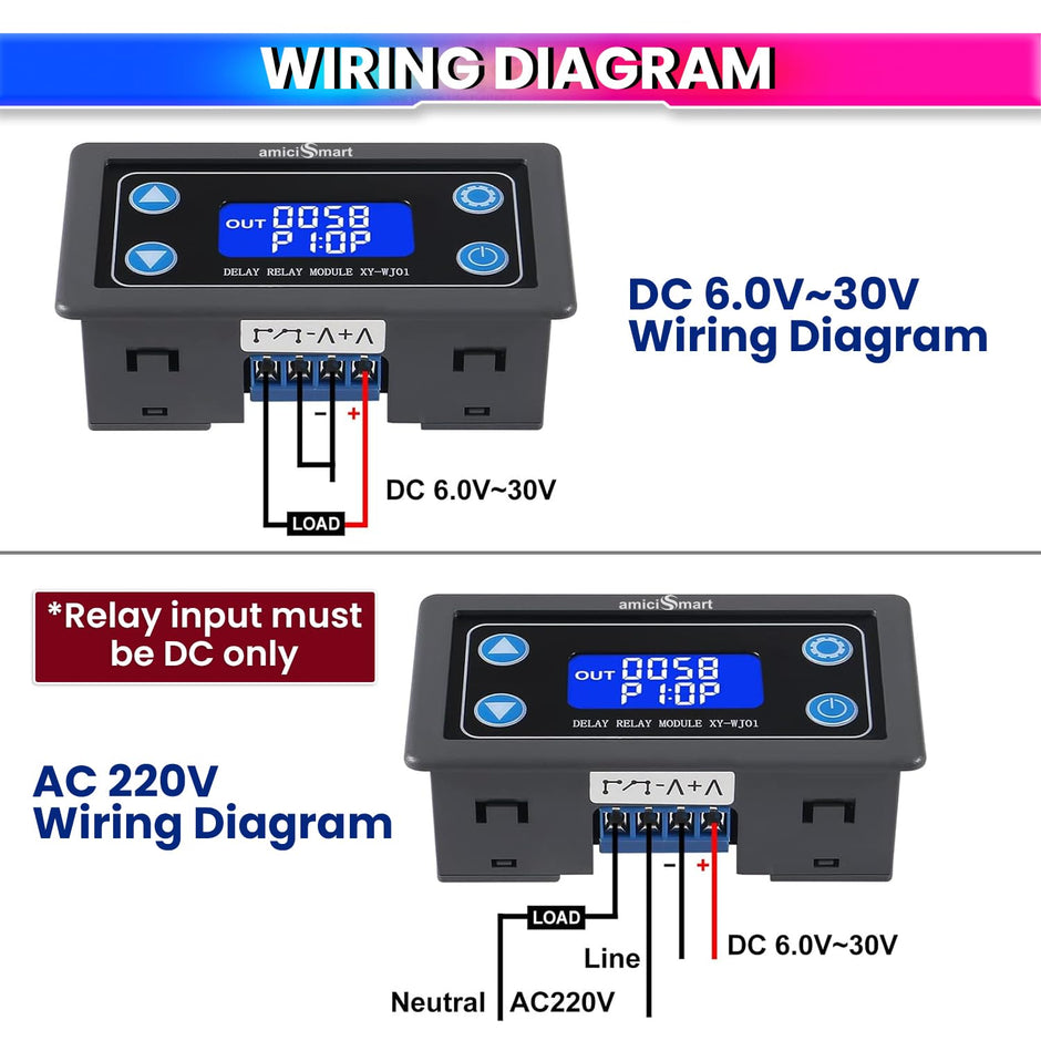amiciSmart Programmable Timer Delay Relay Module with LCD Display, Adjustable 0.01s~9999 Timing, Trigger Delay Control with UART Data Upload (6-30VDC)
