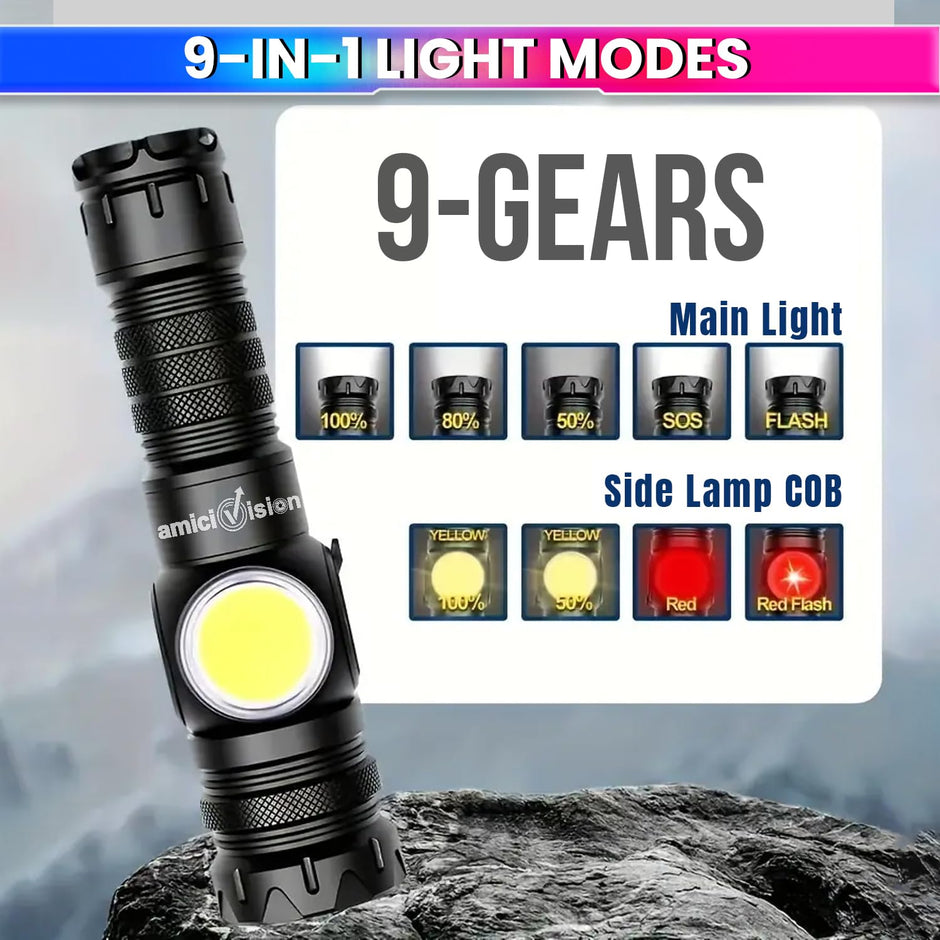 Tactical Flashlight with COB, Digital Display, Magnetic Tail, Rechargeable Power Bank, 9 Light Modes