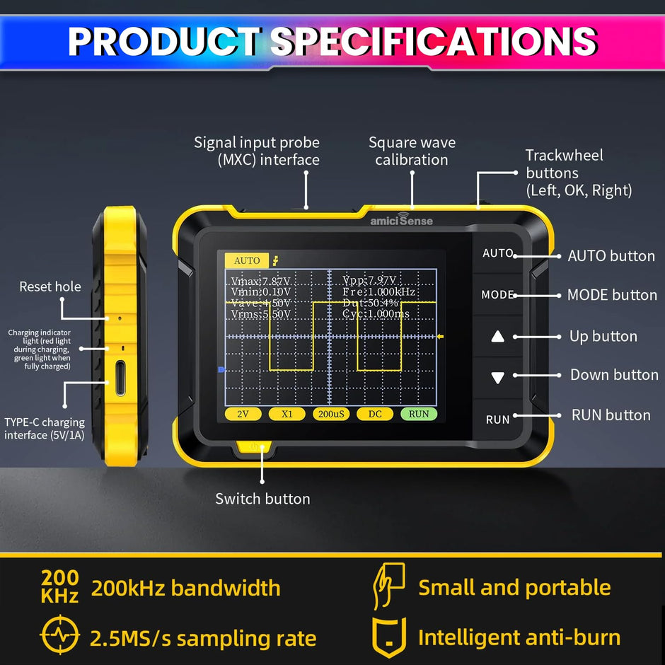 amiciSense DSO-152 Mini Digital Oscilloscope – 2.8” TFT Handheld Single Channel Oscilloscope with 200KHz Bandwidth, 2.5MS/s Sampling Rate & USB-C