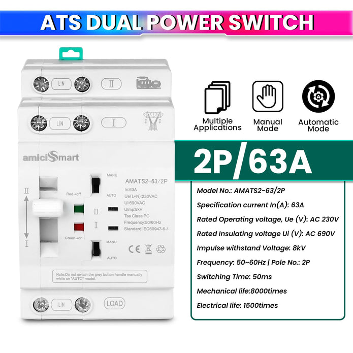 63A Dual Power Transfer Switch 230VAC Single-Phase with Automatic and Manual Changeover Switch