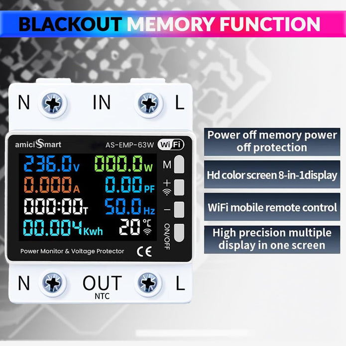 8-in-1 Digital Energy Meter 63A, 220V with Voltage, Current & Temperature Protection with Wi-Fi & SmartLife App Control
