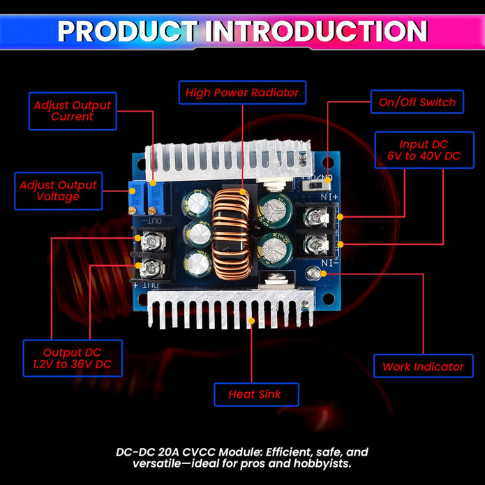 300W 20A DC-DC Buck Converter, 6V-40V to 1.2V-36V Step-Down Power Module, 95% Efficiency