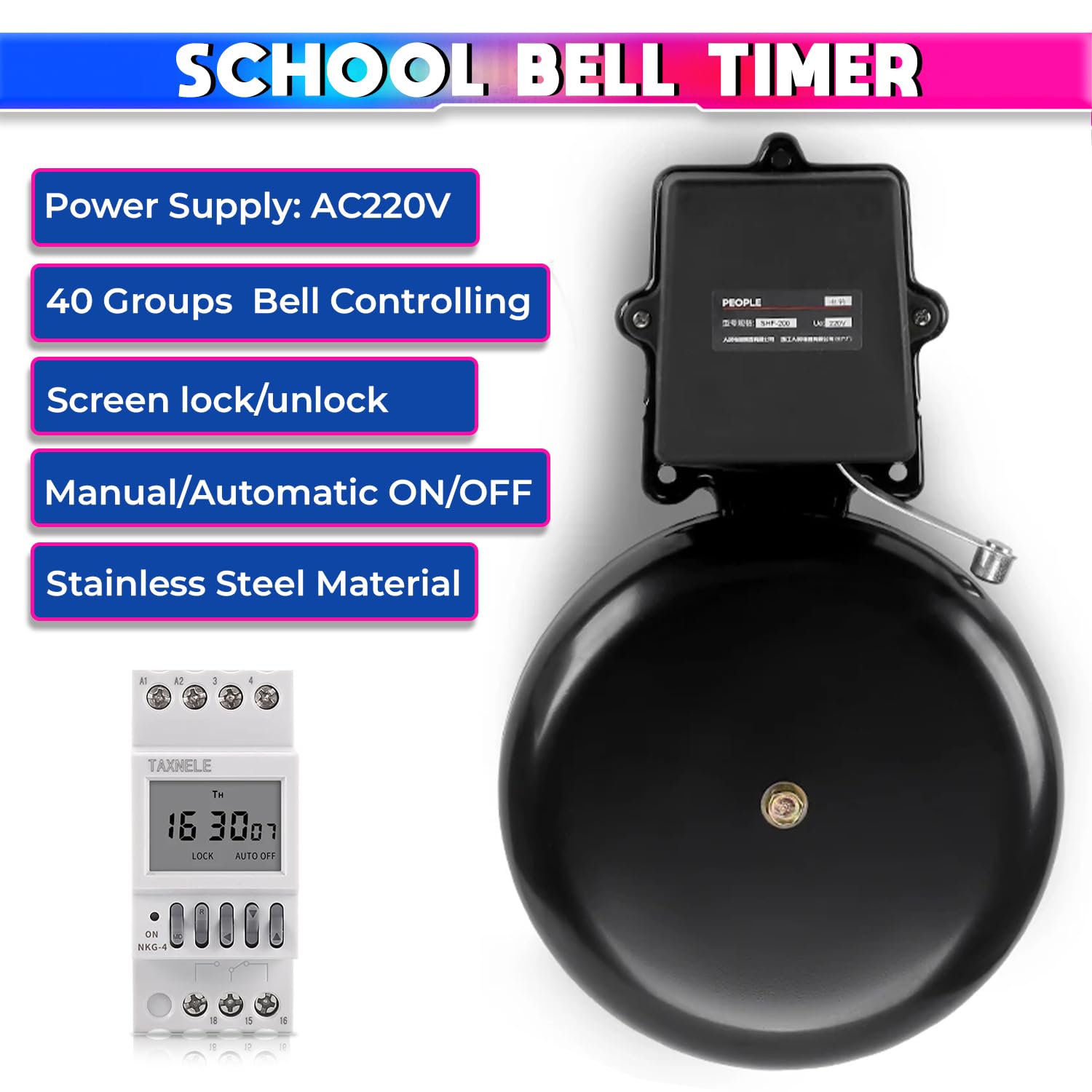 Automatic School Bell 120dB with Weekly Timer, 40 Programs & 1–99s Ring, 220V amiciKart