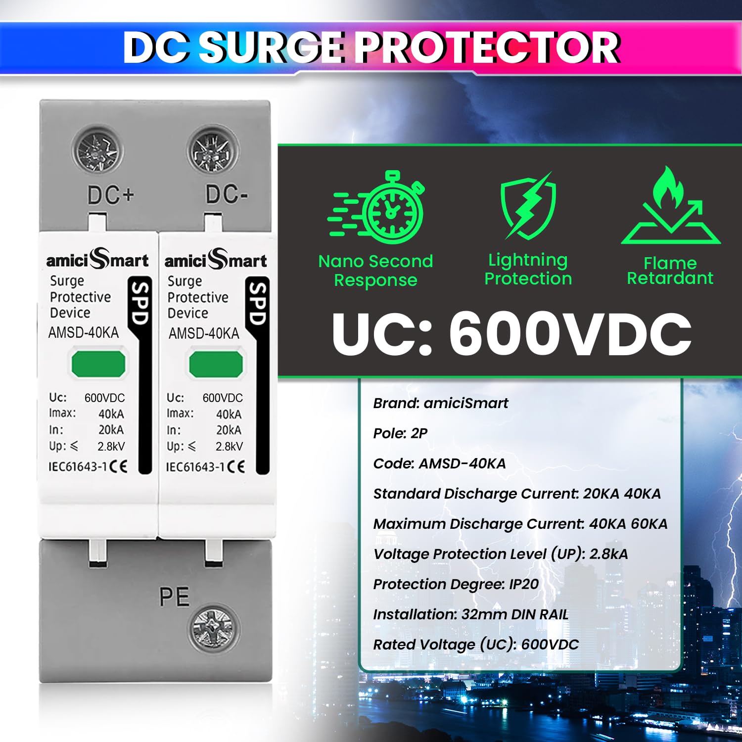 DC SPD Surge Protective Device 20KA 40KA Voltage Protector for Solar PV Systems