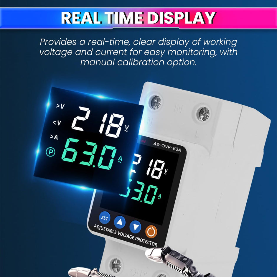 Automatic Over/Under Voltage & Overload Protection Device with Adjustable Settings, LED Display & Weather-Proof Cover