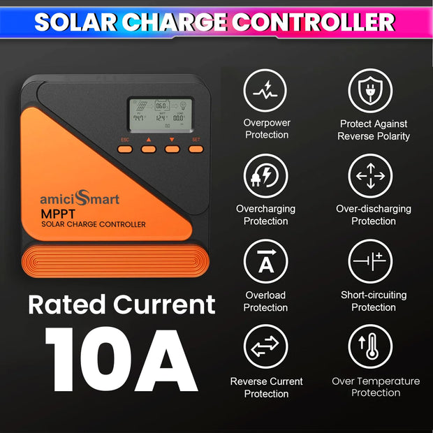 True MPPT Solar Charge Controller 12V/24V Lithium & Lead-Acid Compatible with LCD Display & 5V/3A USB Port