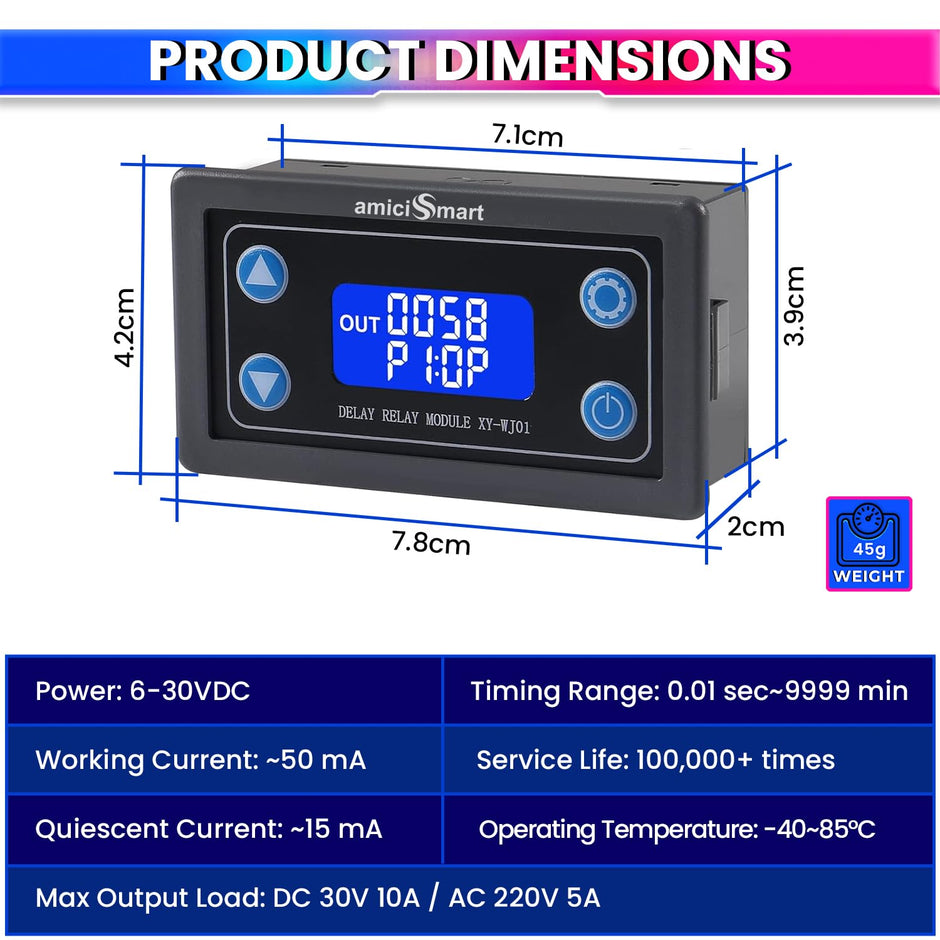 amiciSmart Programmable Timer Delay Relay Module with LCD Display, Adjustable 0.01s~9999 Timing, Trigger Delay Control with UART Data Upload (6-30VDC)
