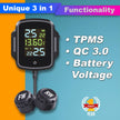 Bike TPMS, 3-in-1 Tyre Pressure Monitoring System with QC 3.0 Fast Charging & Battery Voltage Monitoring
