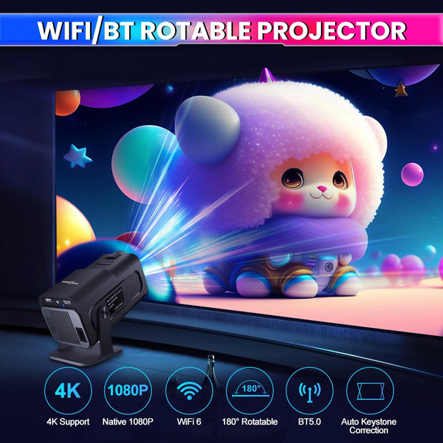 amiciVision Full HD Projector, WiFi 6 and 5.0 Bluetooth, In-Built Speakers, 180? Rotatable Projector Supports Android 11/iOS/Windows/HDMI, 8GB ROM