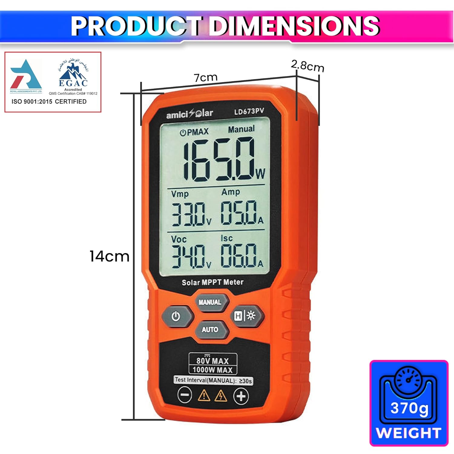 Solar MPPT Meter 12–80V DC 1000W Photovoltaic Tester with LCD Display