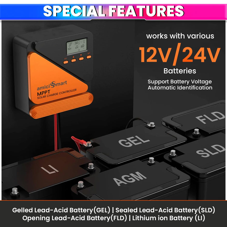 True MPPT Solar Charge Controller 12V/24V Lithium & Lead-Acid Compatible with LCD Display & 5V/3A USB Port