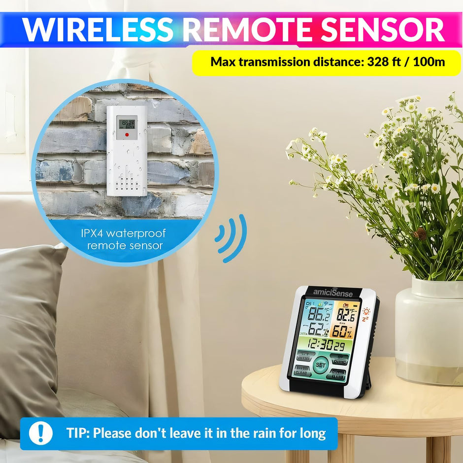 Digital Weather Station – Indoor/Outdoor Temp & Humidity Monitor with Touchscreen & Clock