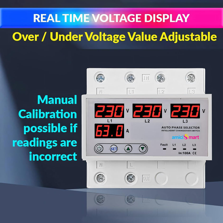 amiciSmart Intelligent 3 Phase to 1 Phase Selector/Changeover Switch with Over/Under Voltage Protection and Over Load Protection 230VAC