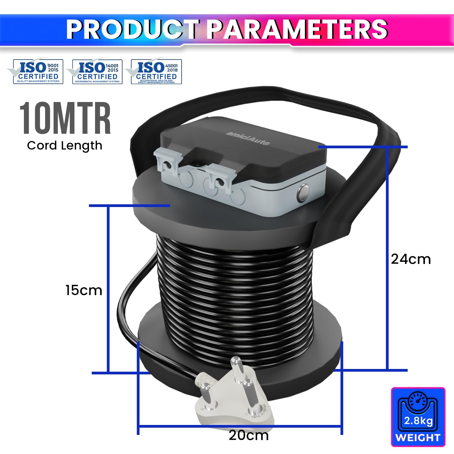 EV Charging Extension Board 6-in-1 Energy Monitoring Meter with Heavy-Duty Cable, IP66 Waterproof & 16A Plug