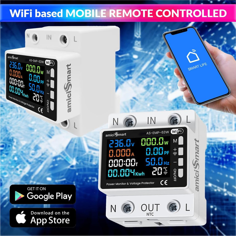 amiciSmart WiFi 8 in 1 Digital Energy Meter with Over/Under Voltage/Current/Temperature Protection, 63A Compatible with SmartLife App (220VAC, 13.8kW)
