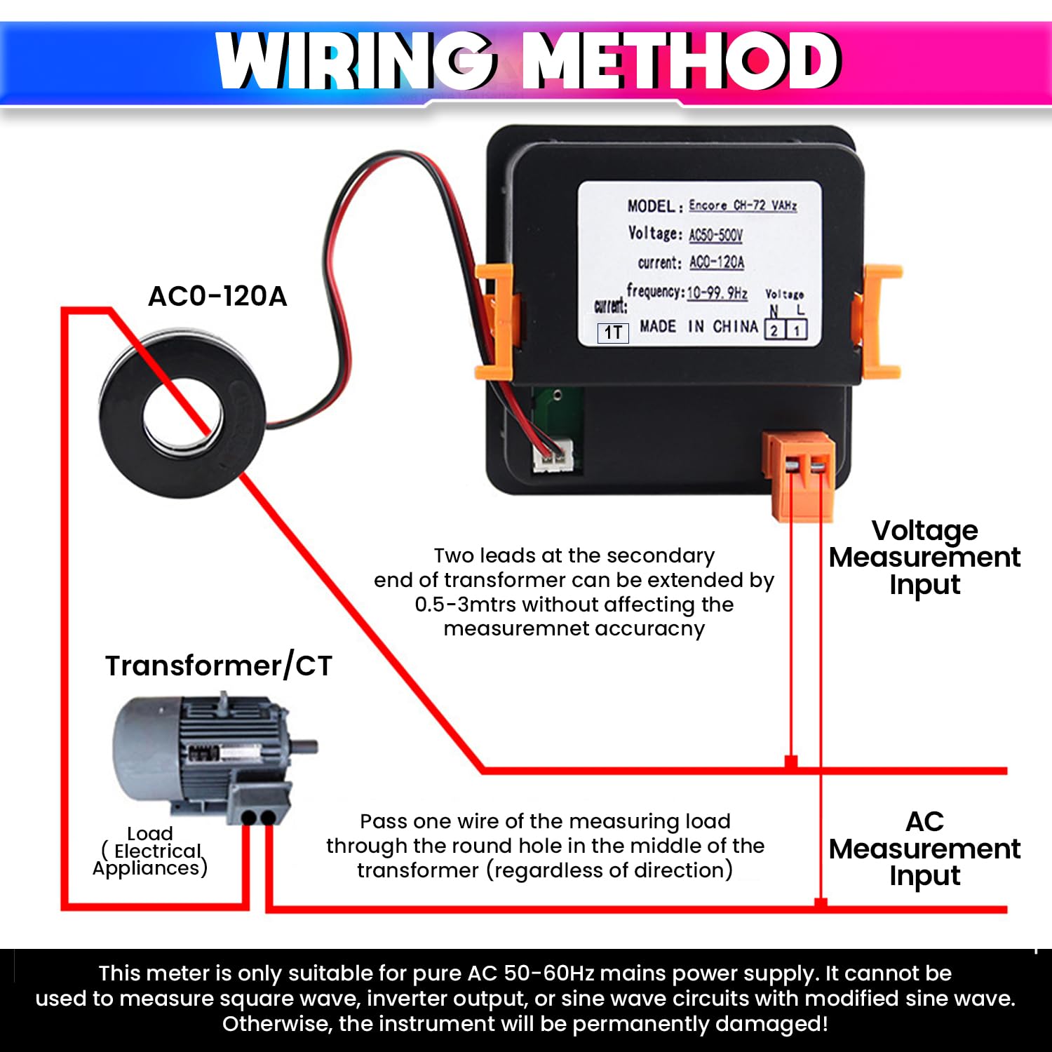 120A AC Voltmeter Ammeter, 3 In 1 Digital Meter 50-500V Voltage Tester With Frequency And Current Test