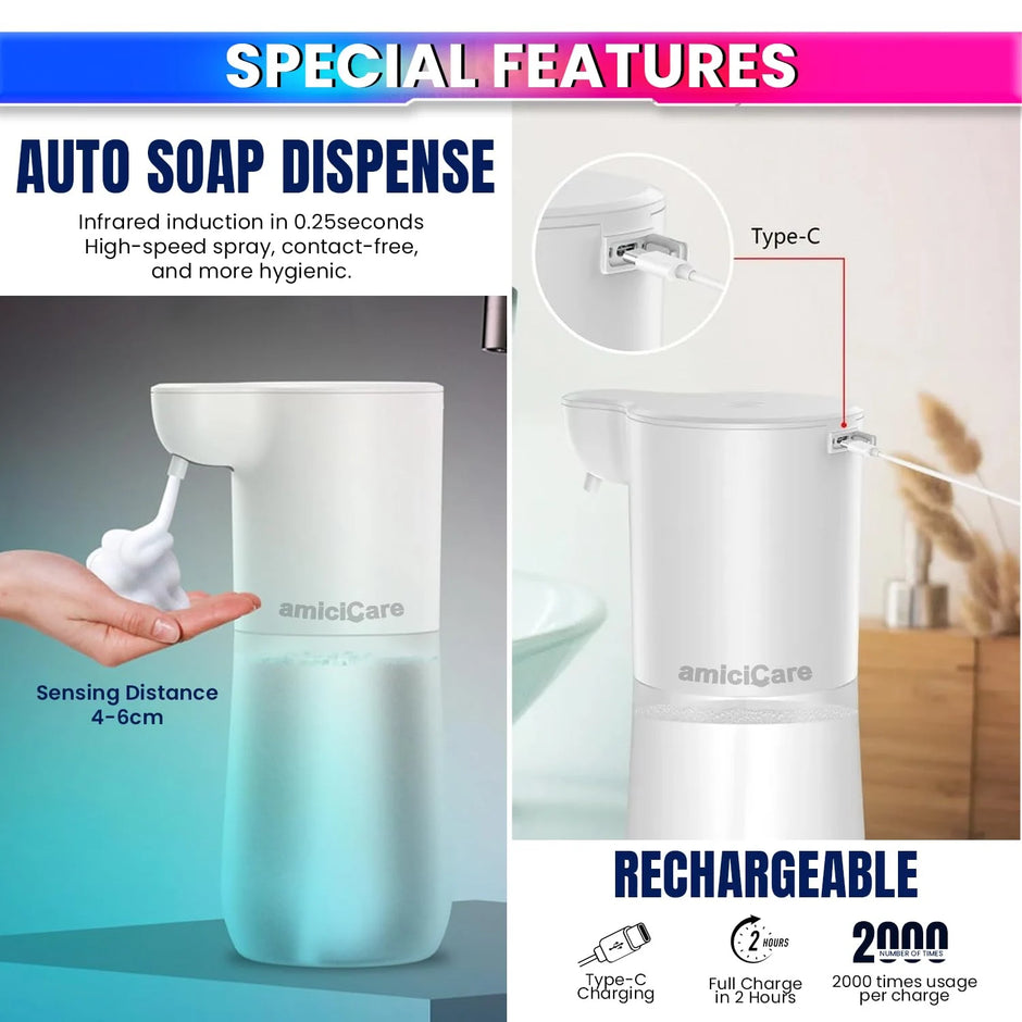Touchless Foam Soap Dispenser Type-C Rechargeable 4 Dispense Modes 600ml Capacity