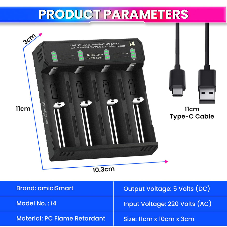 18650 Battery Charger with LED & Adjustable Speed up to 2A, for AA/AAA Rechargeables Battery amiciKart