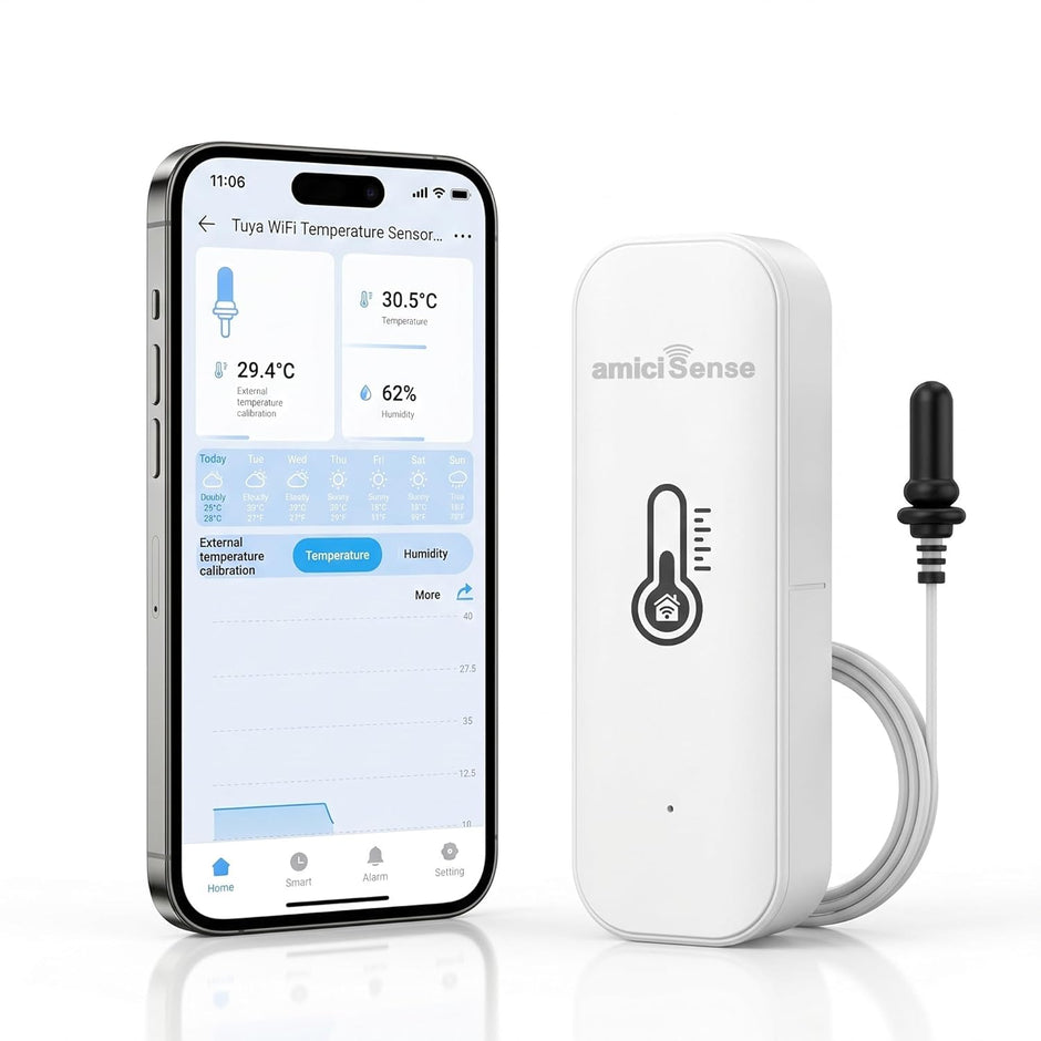 WiFi Smart Temperature & Humidity Sensor with 90cm External Probe, App Alerts