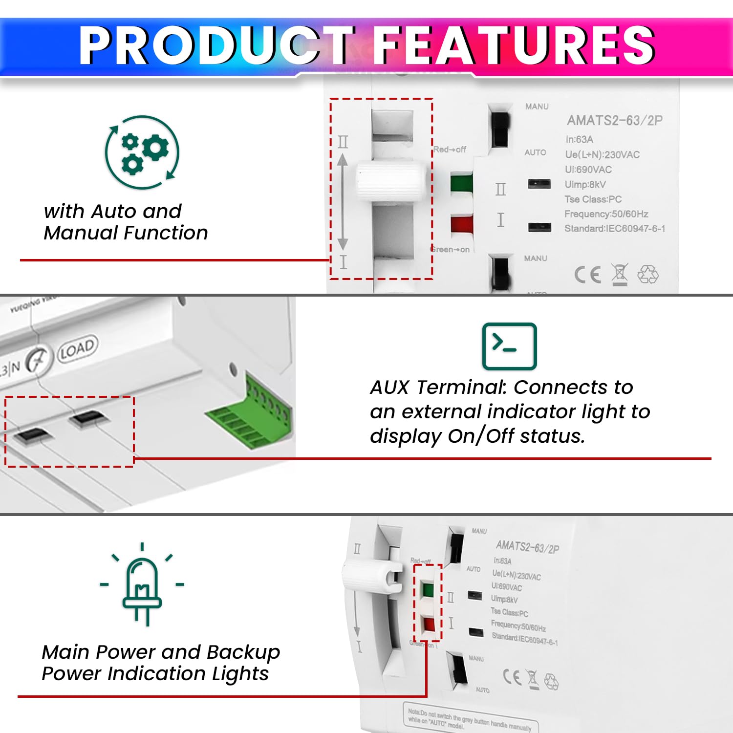 63A Dual Power Automatic Control Transfer Switch, 230VAC Single-Phase Changeover Switch