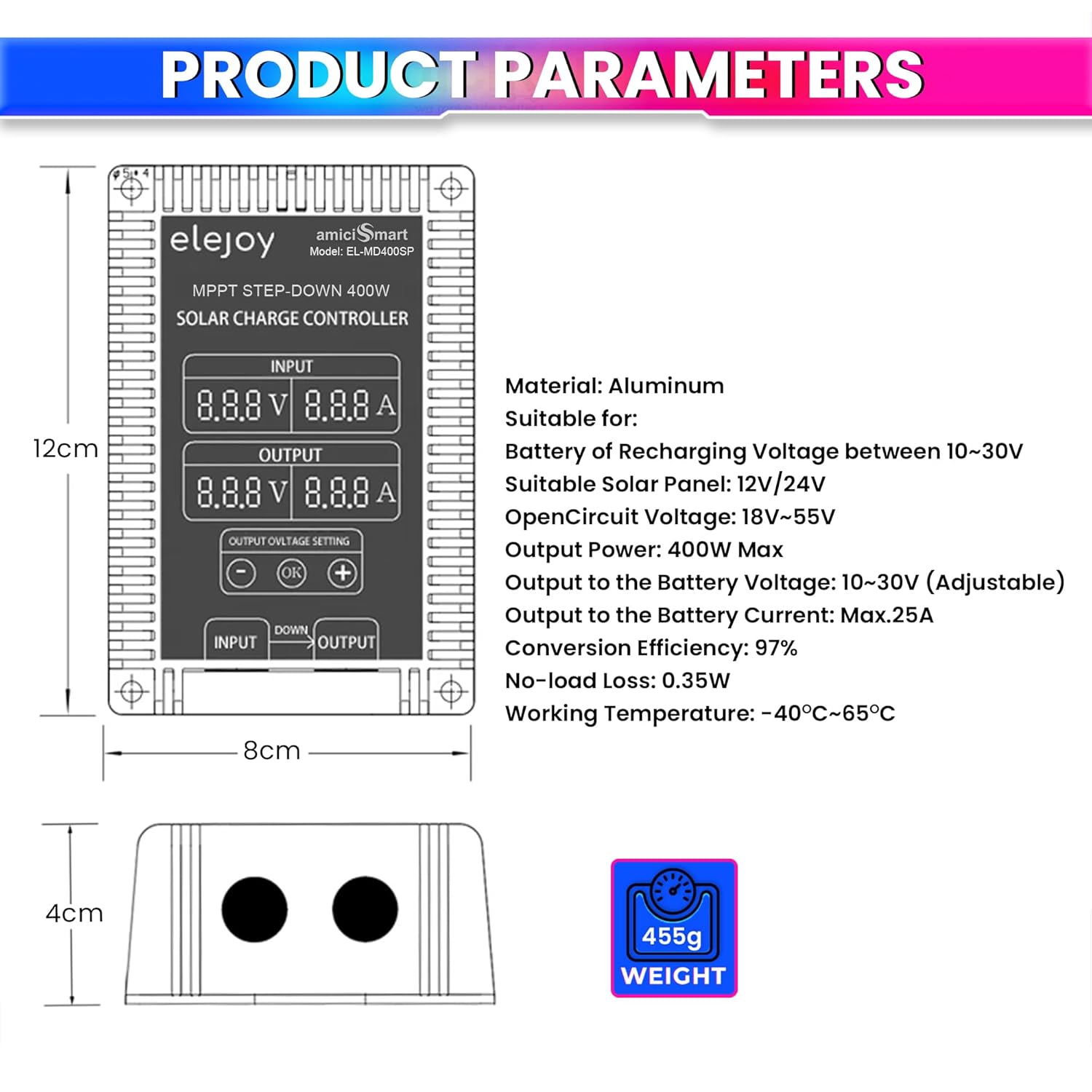 400W MPPT Solar Charge Controller with Step-Down Module, Weatherproof, 97% Efficiency