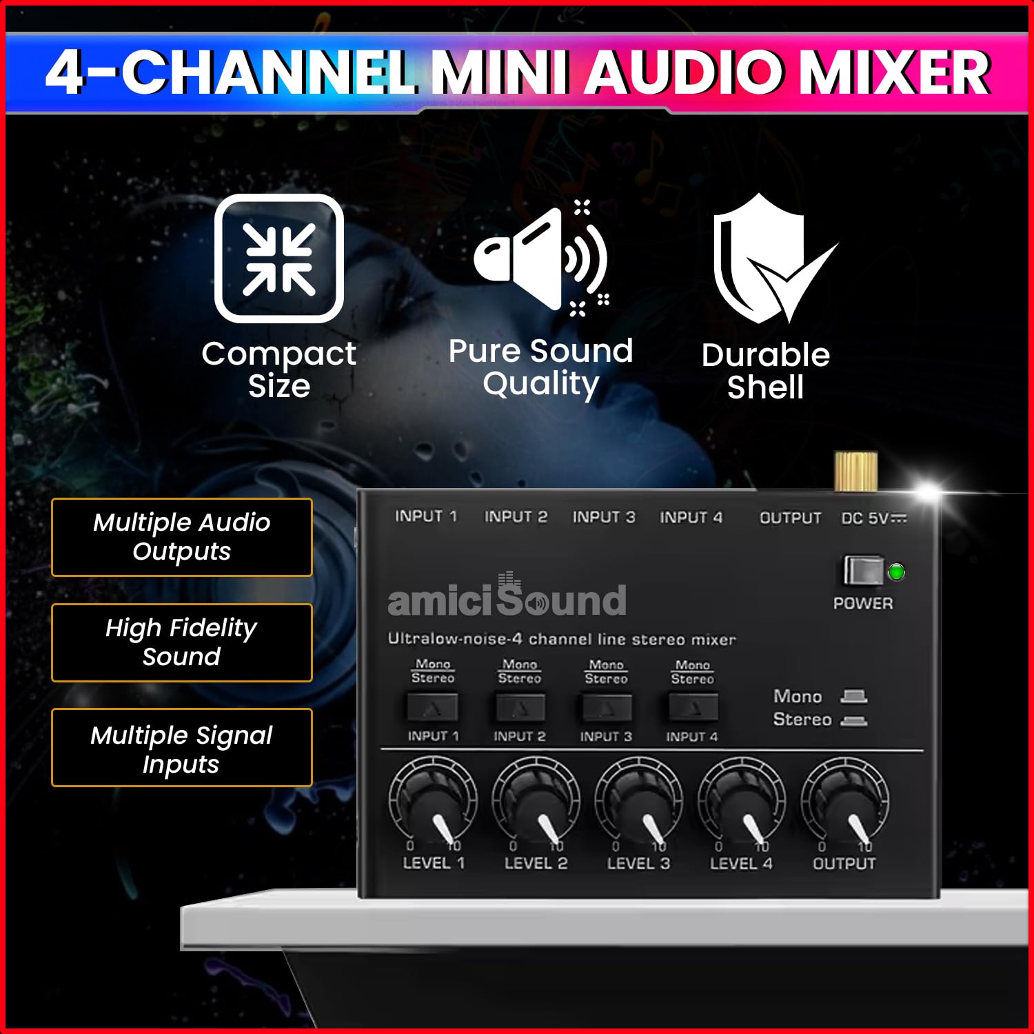 Mini Audio Mixer–Ultra Low-Noise 4-Channel Stereo Line Mixer| Independent Volume Control amiciKart c0tmiz-hs.myshopify.com