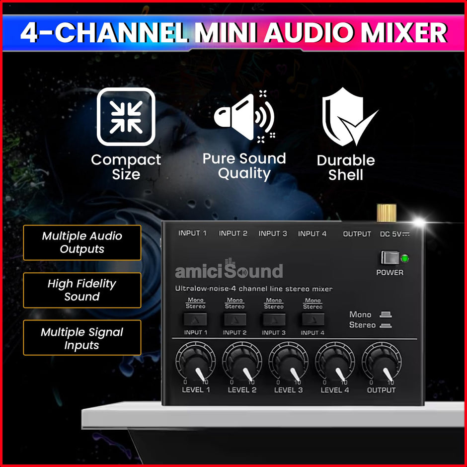 Mini Audio Mixer–Ultra Low-Noise 4-Channel Stereo Line Mixer| Independent Volume Control amiciKart c0tmiz-hs.myshopify.com