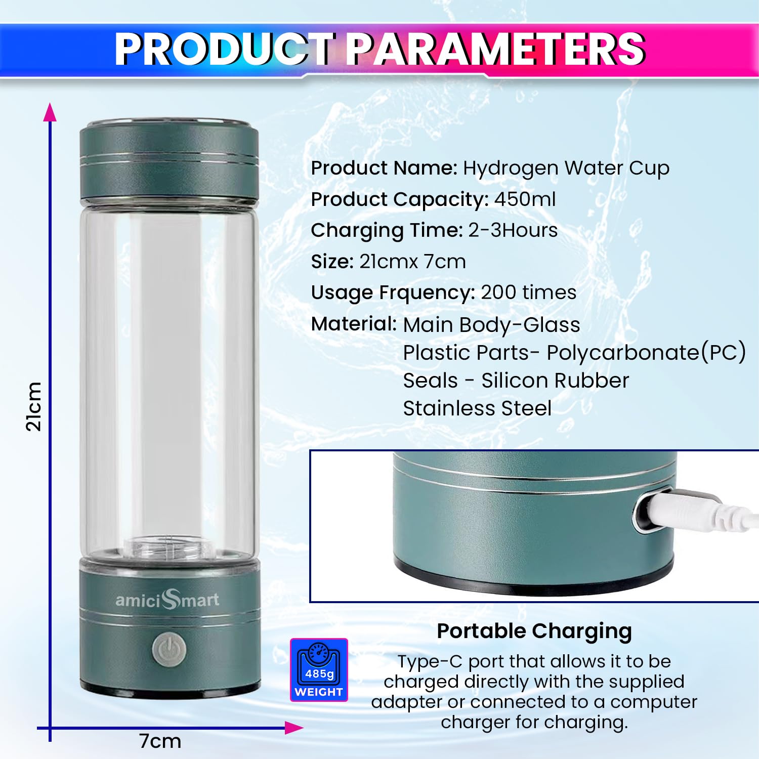 Hydrogen-Infused Water Bottle Portable Glass Rechargeable, Antioxidant Healthy Drinking Bottle amiciKart c0tmiz-hs.myshopify.com