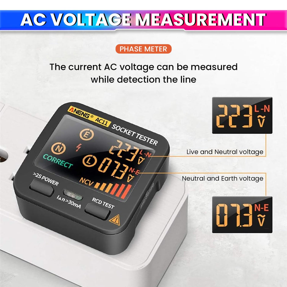 amiciSense Rcd Socket Tester, LCD With Live Voltage & Leakage Display, Automatic Earth Neutral Line Wire Check Wall Plug Voltage & Leakage Tester