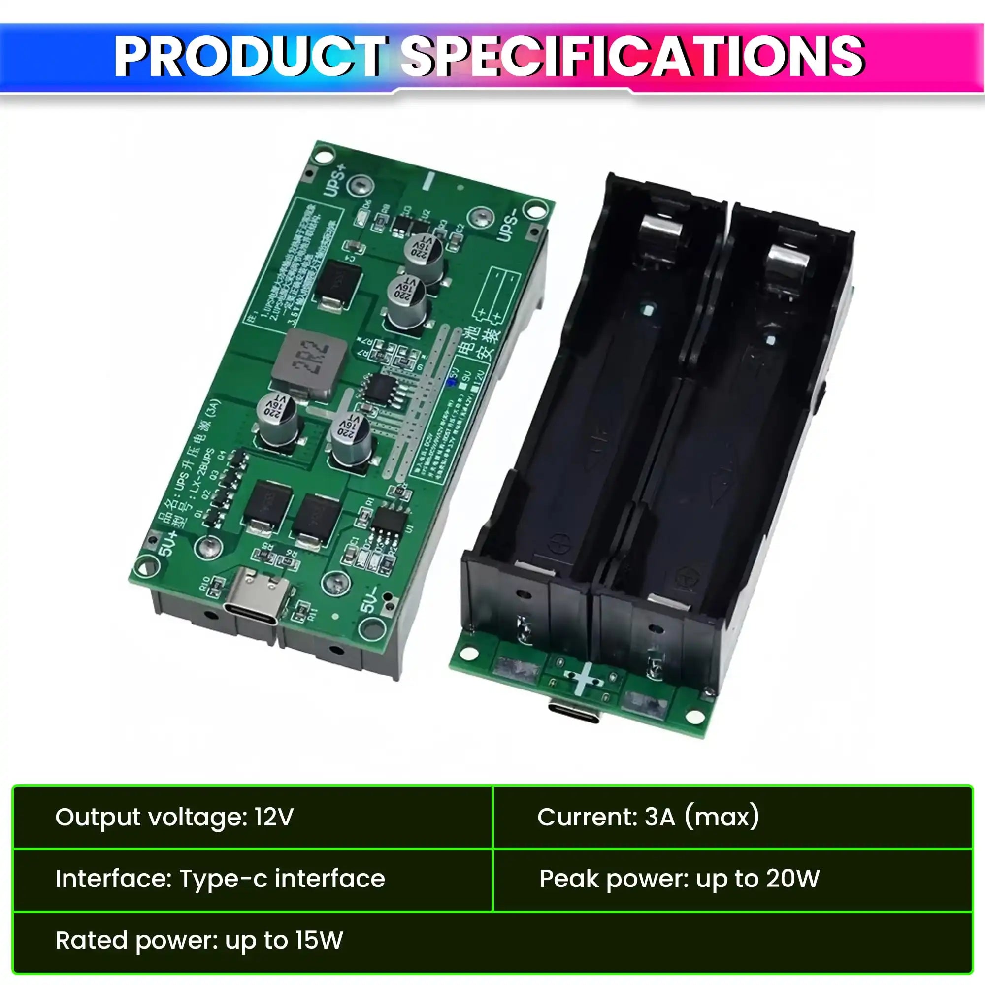 18650 Lithium Battery Charger Module with Type-C Input 5V to 12V DC-DC Step-Up Booster Converter & 3A Fast Charging