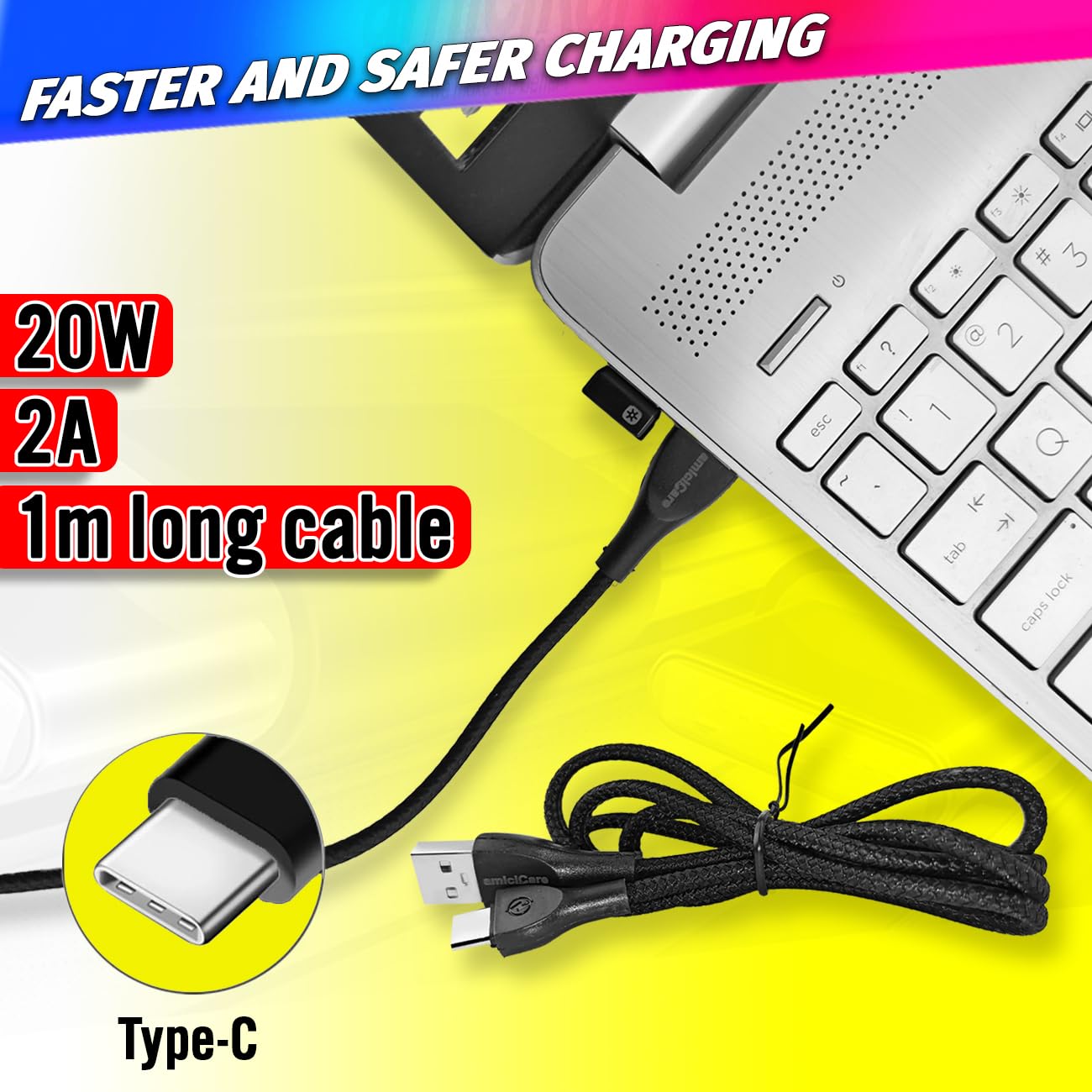 Fast Charging 1m Type-C Cable with Nylon Braided Durable Copper & High-Speed Data & Power Transfer amiciKart c0tmiz-hs.myshopify.com