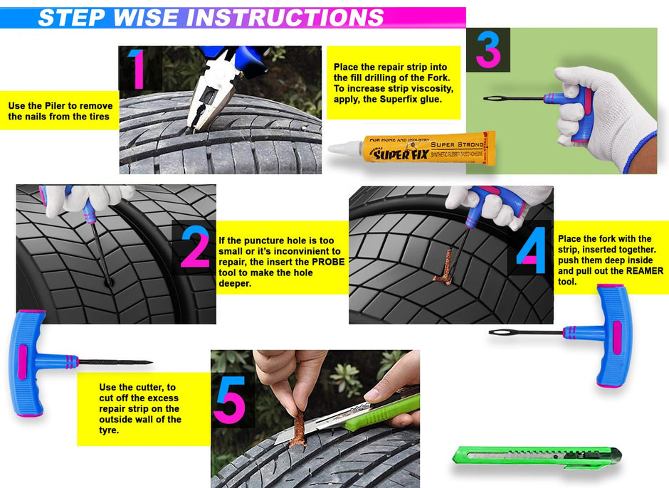 Tubeless Tyre Puncture Repair Kit with Rubberized Anti-Slip Hand Tools amiciKart