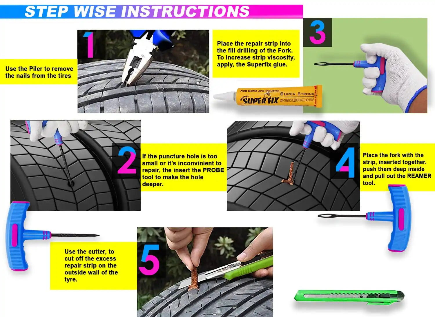 Tubeless Tyre Puncture Repair Kit Rubberized Anti-Slip Heavy-Duty Tools