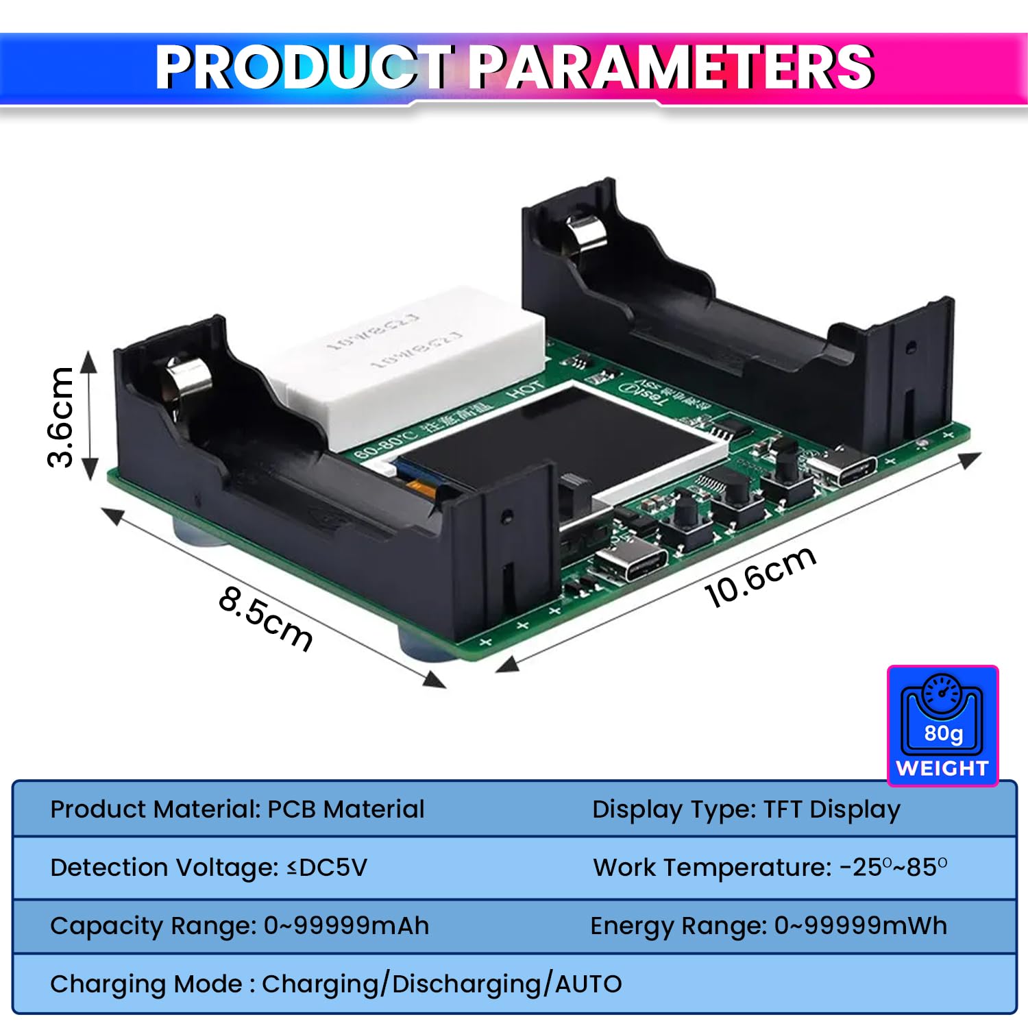 Battery Capacity Tester for 18650 Type, Digital Battery Power Detector Module
