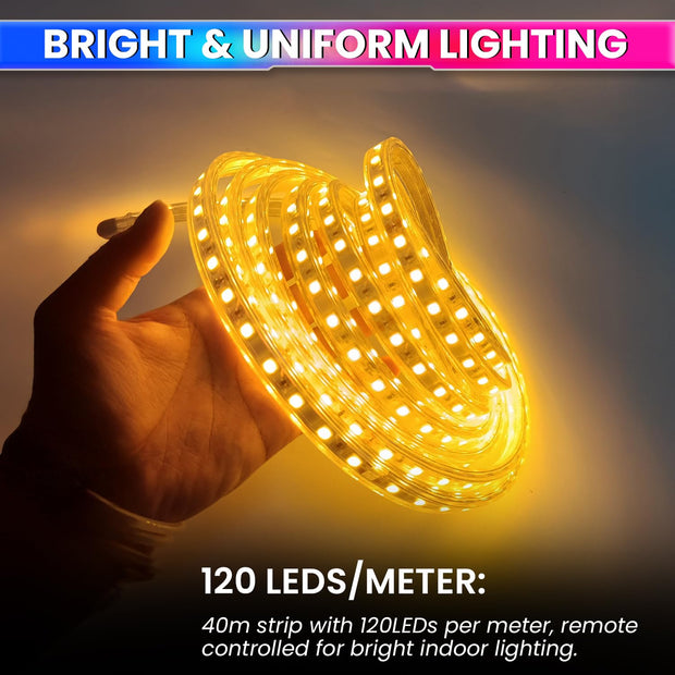 Warm White 40m LED Rope Light with Flexible & Adjustable Decorative Lighting Strip for Home Or Festive Décor (120 LEDs/m)