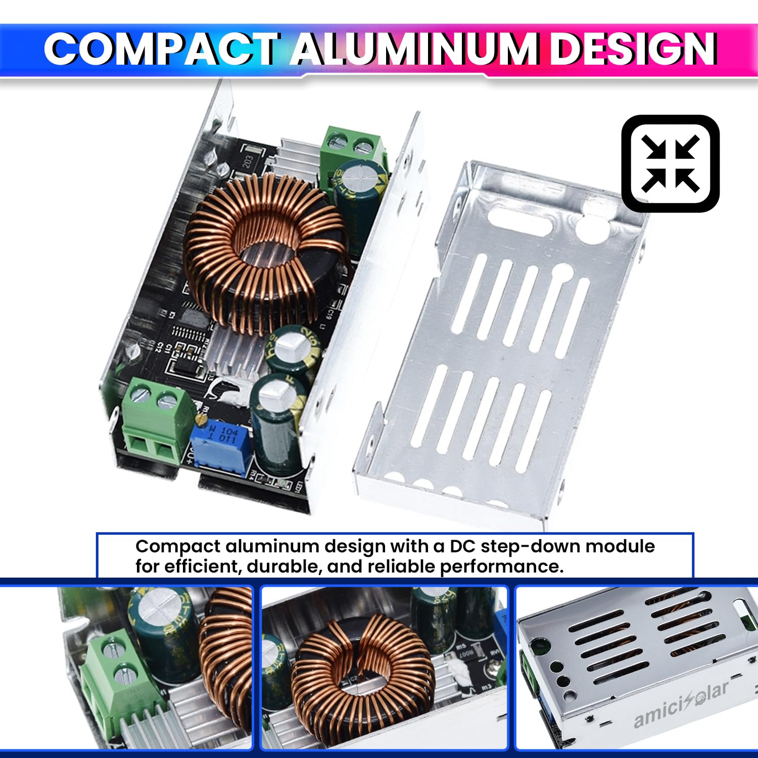 amiciSolar 6A DC-DC Buck Converter 10-90V to 1.5V-60V Step-down Power Voltage Regulator Module – Adjustable Output for Electronics & more