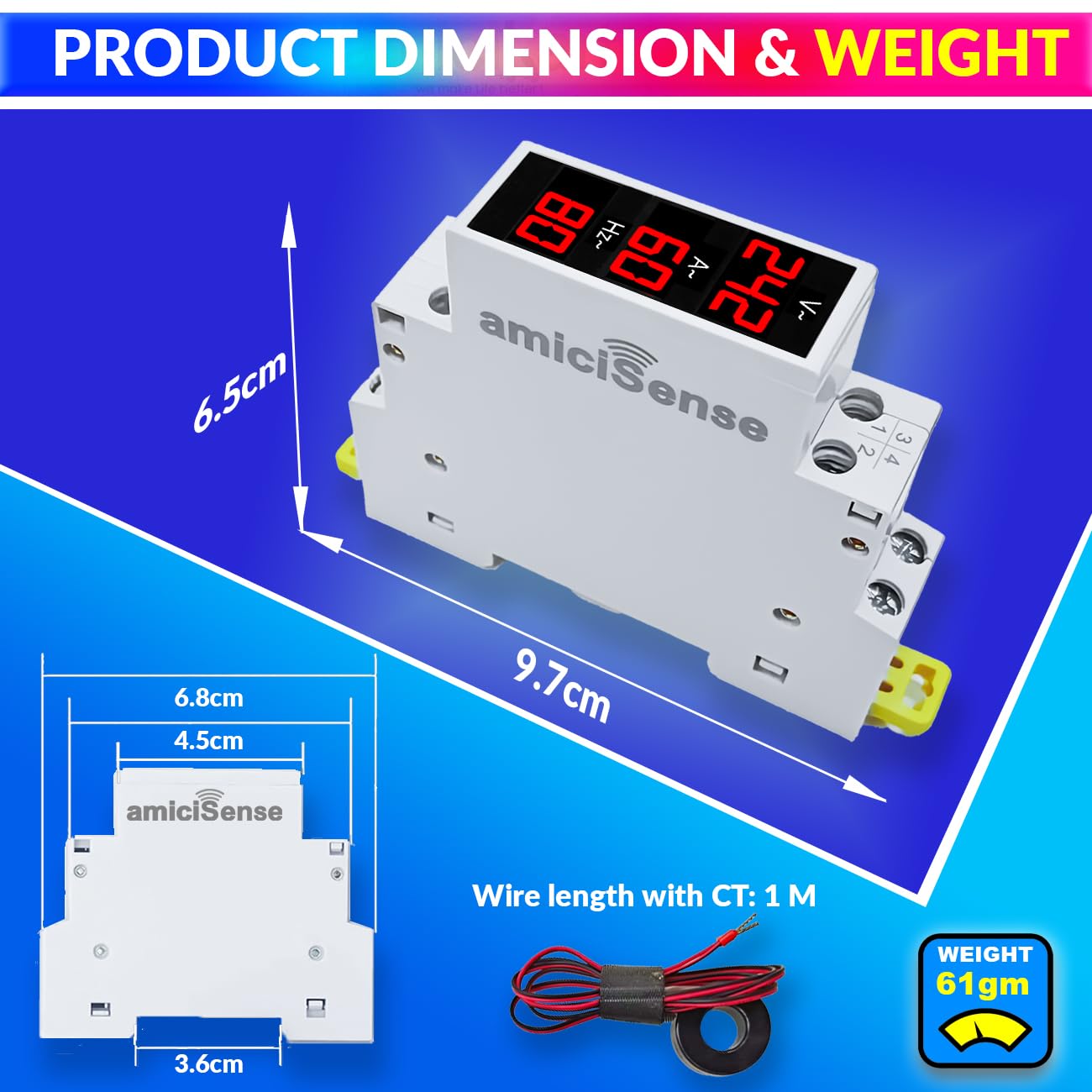 3-in-1 Voltage, Current & Frequency Meter 80- 500V AC, 100A with External CT & Clear LED Display amiciKart