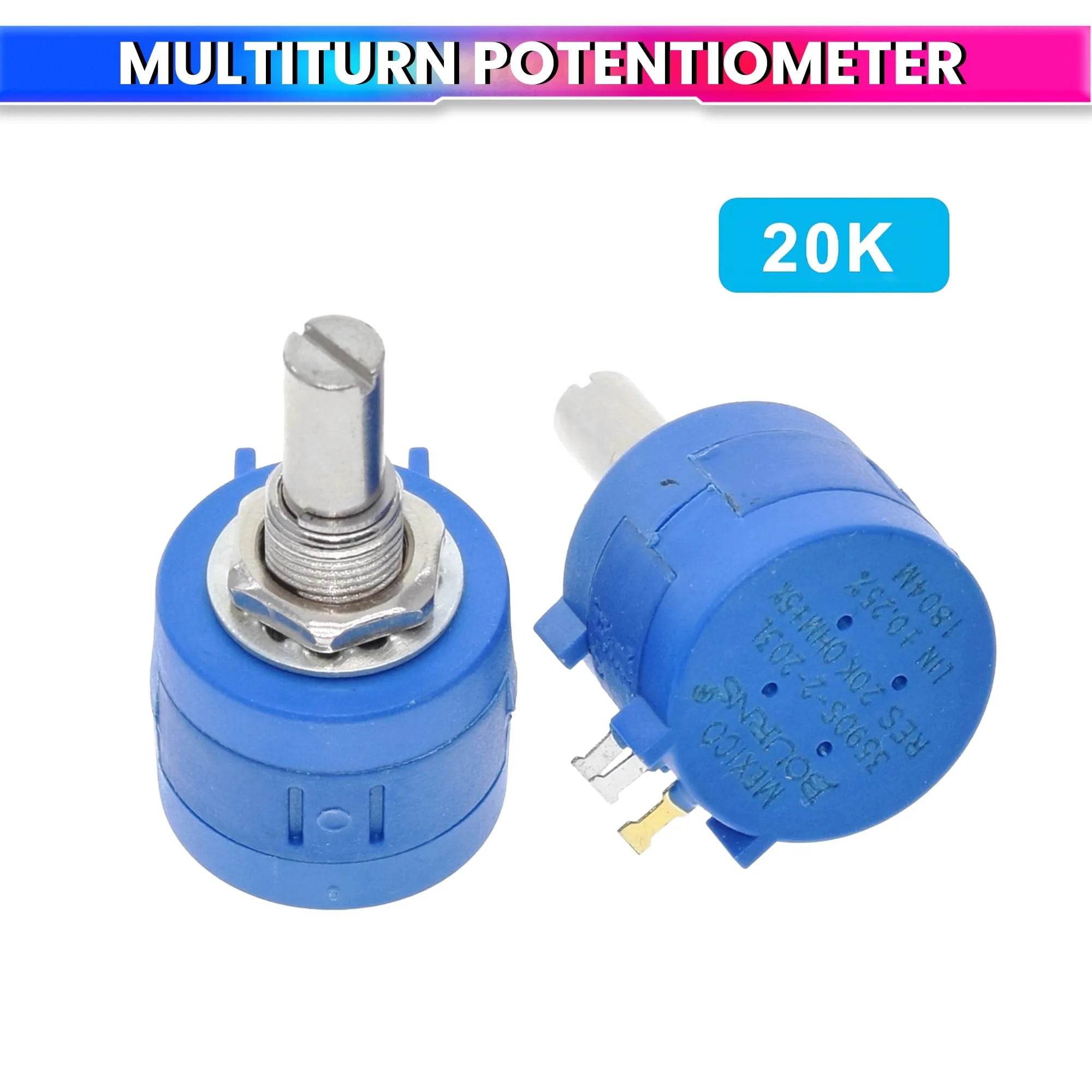 20K Ohm Precision 10-Turn Multiturn Potentiometer ±5% Tolerance, ±50ppm/°C Stability, Long-Life Metal Shaft Variable Resistor